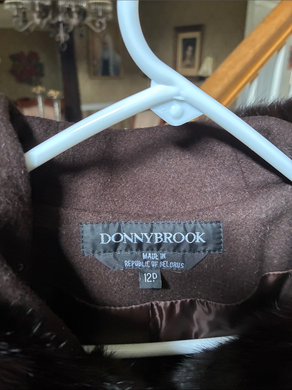 100% Wool Coat with Chocolate Brown 100% Genuine Rabbit Fur Hood Trim - Picture 2 of 4